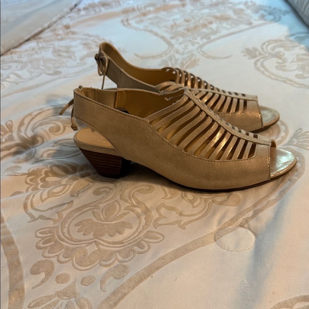 Paul Green Beige Peep-Toe Slingback Caged Low Heel Sandals